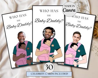 Who Has The Baby Daddy Baby Shower Game- Editable Celebrity Scratch Off Game, Printable Find the Dad Game Cards- Canva Template Download