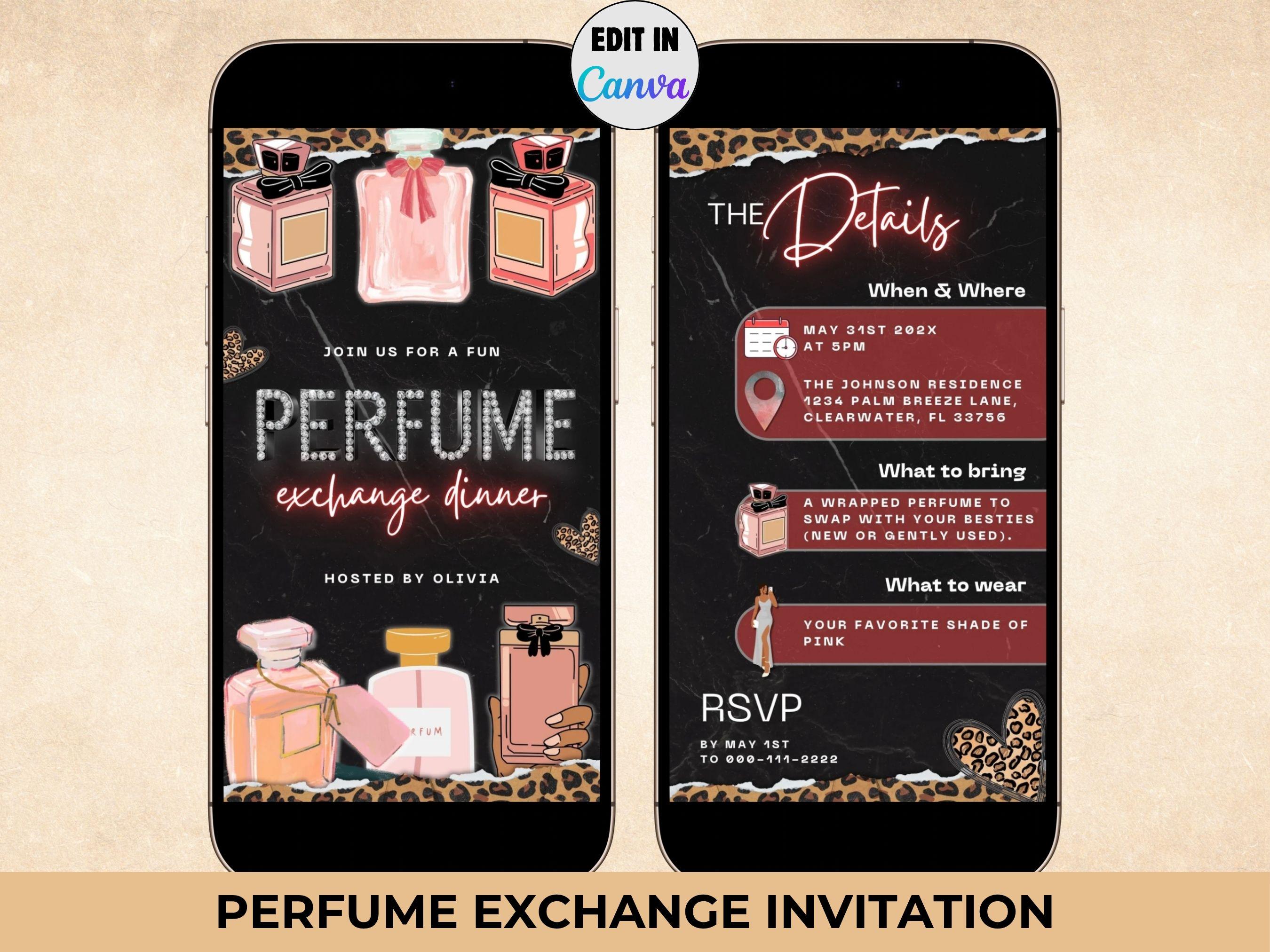 Cheetah Print Perfume Exchange Invitation- Digital Animated Leopard Red Brunch Invite, Editable DIY Girl Night Party Canva Template Download