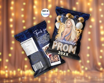 Prom Send Off Chip Bag Canva Template- Editable Blue Gold Senior Graduation Decor, Printable Personalized Treat Party Favors, Class of 2026