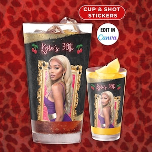 Cheetah Print Cup and Shot Glass Stickers- Editable Leopard Cherry Party Decor, Birthday Bachelorette  Party Favors Printable Canva Template