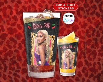 Cheetah Print Cup and Shot Glass Stickers- Editable Leopard Cherry Party Decor, Birthday Bachelorette  Party Favors Printable Canva Template