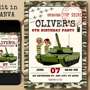 Modèle d'Invitation d'anniversaire de l'armée - Invitation à une fête sur le thème militaire numérique éditable, imprimable personnalisé camouflage soldat garçons Bday Evite