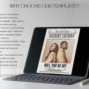 May include: A digital template displayed on a tablet, featuring a newspaper-style design with the headline "EXTRA!! EXTRA!!" and the question "WILL YOU BE MY Valentine?" The image includes a couple and is designed for Valentine's Day.