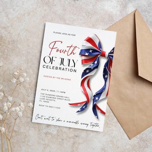 4 juillet Invitation - Invitation fête de la fête de l'indépendance imprimable, coquette patriotique rouge blanc bleu arc jardin barbecue d'été, modèle de toile
