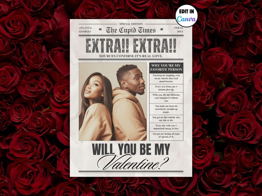 Will You Be My Valentine Newspaper With Photo- Editable Flower Bouquet ...