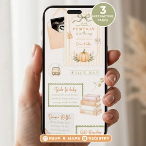 Puede incluir: Una invitación digital para baby shower en la pantalla de un teléfono con temática de calabaza, el texto A little PUMPKIN is on the way, una pila de libros, una sección de rifa de pañales y botones interactivos para RSVP, mapas y registro.