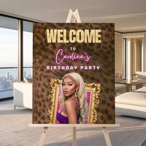 Cheetah Print Geburtstag Willkommensschild - Bearbeitbares Leopard Gold Board, Girls Night Pyjama Party Decor Poster, Printable Banner Canva Template