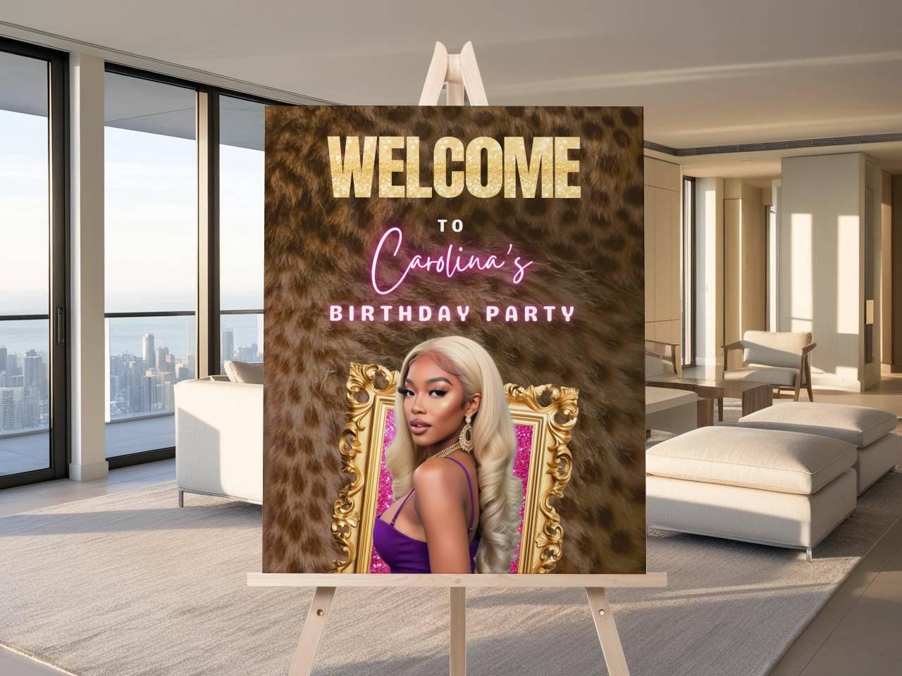 Cheetah Print Birthday Welcome Sign- Editable Leopard Gold Board, Girls Night Pajama Party Decor Poster, Printable Banner Canva Template