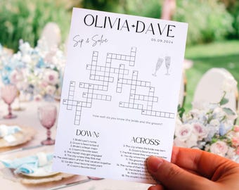 Crucigrama de boda personalizado: preguntas para resolver en la despedida de soltera, juegos de mesa imprimibles para invitados de compromiso, plantilla editable de Canva B2