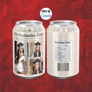 Newspaper Graduation Soda Can Label Sticker- Editable Prom Send Off Party Decor, Senior Graduate Party Favors Printable Canva Template