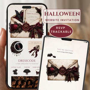May include: A digital Halloween website invitation displayed on a smartphone and tablet screen. The design features an aged envelope with a wax seal, a crescent moon, a key, and text including "An Evening of Dark Delights" and "Dresscode".