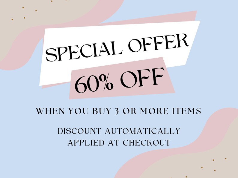 K&ouml;nnte beinhalten: Werbegrafik mit hellblauem Hintergrund und abstrakten rosa und beigen Formen. Der Text "SPECIAL OFFER" wird &uuml;ber "60% OFF" angezeigt. Zus&auml;tzlicher Text lautet "WHEN YOU BUY 3 OR MORE ITEMS" und "DISCOUNT AUTOMATICALLY APPLIED AT CHECKOUT".