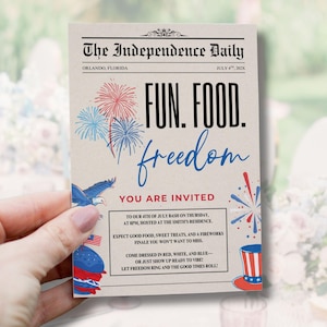 Zeitung 4. Juli Einladung - Druckbare In anschließende Unabhängigkeitstag Party einladen, Vaterländisch Rot Weiß und Blau Vierter Juli BBQ Vorlage
