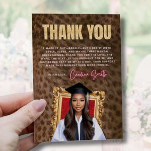 Geparden-Druck-Abschluss-Dankeschön-Karte mit Foto- druckbare Leopard-Gold-graduierten-Dankeschön-Notiz, High School College Grad Party-Vorlage