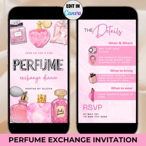 Perfume Exchange Invitation Canva Template- Digital Animated Pink Dinner Invite, Editable DIY Brunch Girls Night Party Cocktail Download