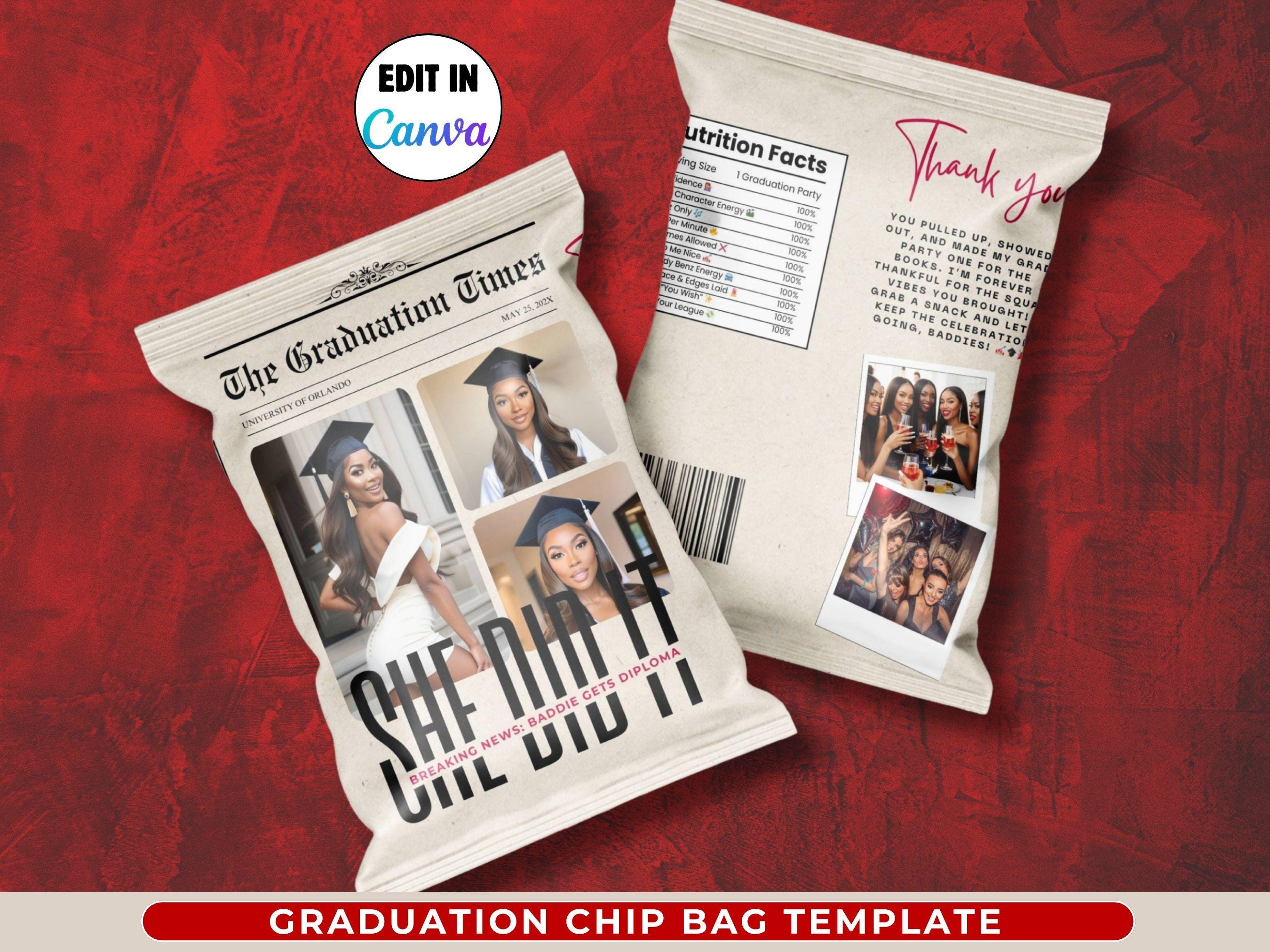 Newspaper Graduation Chip Bag- Editable Senior Graduate Party Decor, Personalized Treat Party Favors, Printable Prom Canva Template Download