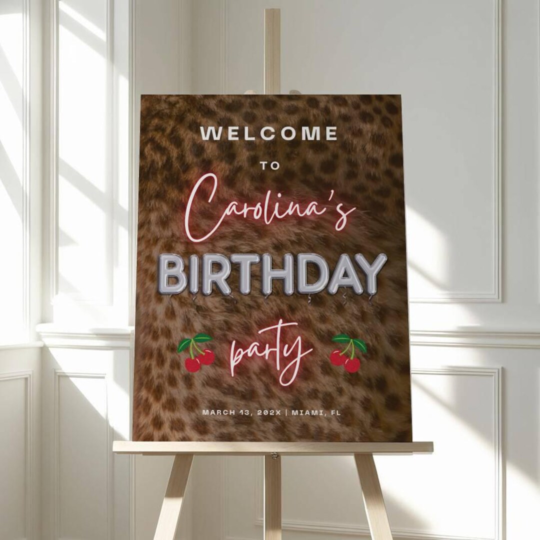 Cheetah Print Birthday Welcome Sign- Editable Leopard Cherry Board ...