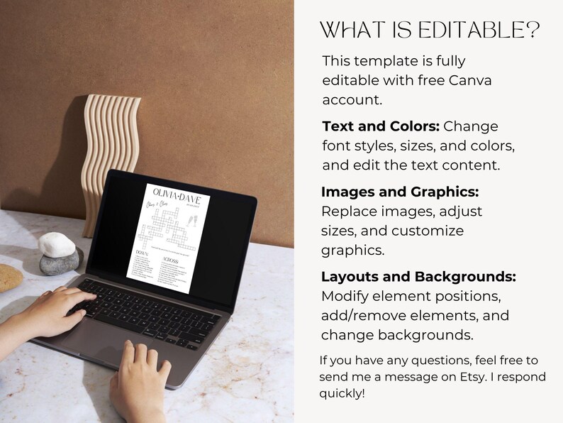 K&ouml;nnte beinhalten: Ein Laptop mit einer Vorlage f&uuml;r ein Hochzeitskreuzwortr&auml;tsel mit dem Text "Olivia-Dave". Der Bildschirm ist ge&ouml;ffnet, mit H&auml;nden, die auf der Tastatur tippen. Der Text "What is Editable?" ist sichtbar, zusammen mit anderem Text.