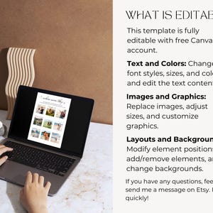 May include: A laptop displaying a photo template with the text "where were they?" and several small photos. The screen is open on a desk with a decorative wooden piece and a stone. Text on the right describes the template's editability.