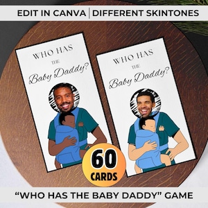 Jeu de baby shower qui a un papa, modifiable pour les célébrités, jeu de grattage pour les célébrités imprimable, 60 cartes, modèle Canva
