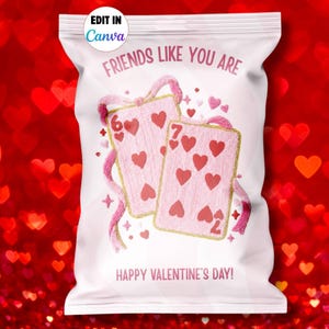 May include: A white bag with the text "FRIENDS LIKE YOU ARE" and "HAPPY VALENTINE'S DAY!" features two pink playing cards with red hearts. Pink ribbons and confetti decorate the bag, set against a red heart-shaped bokeh background.