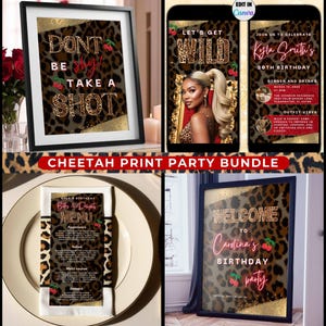 Geparden-Druck-Party-Dekor-Bundle-Bearbeitbares Leopard-Kirsche-Willkommensplakat-Schuss-Zeichen, druckbares Bachelorette-Geburtstagsmenü, digitale Einladung