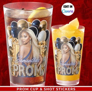 Prom Send Off Cup and Shot Glass Stickers- Editable Graduation Party Decor, Birthday Bachelorette Grad Party Favors Printable Canva Template