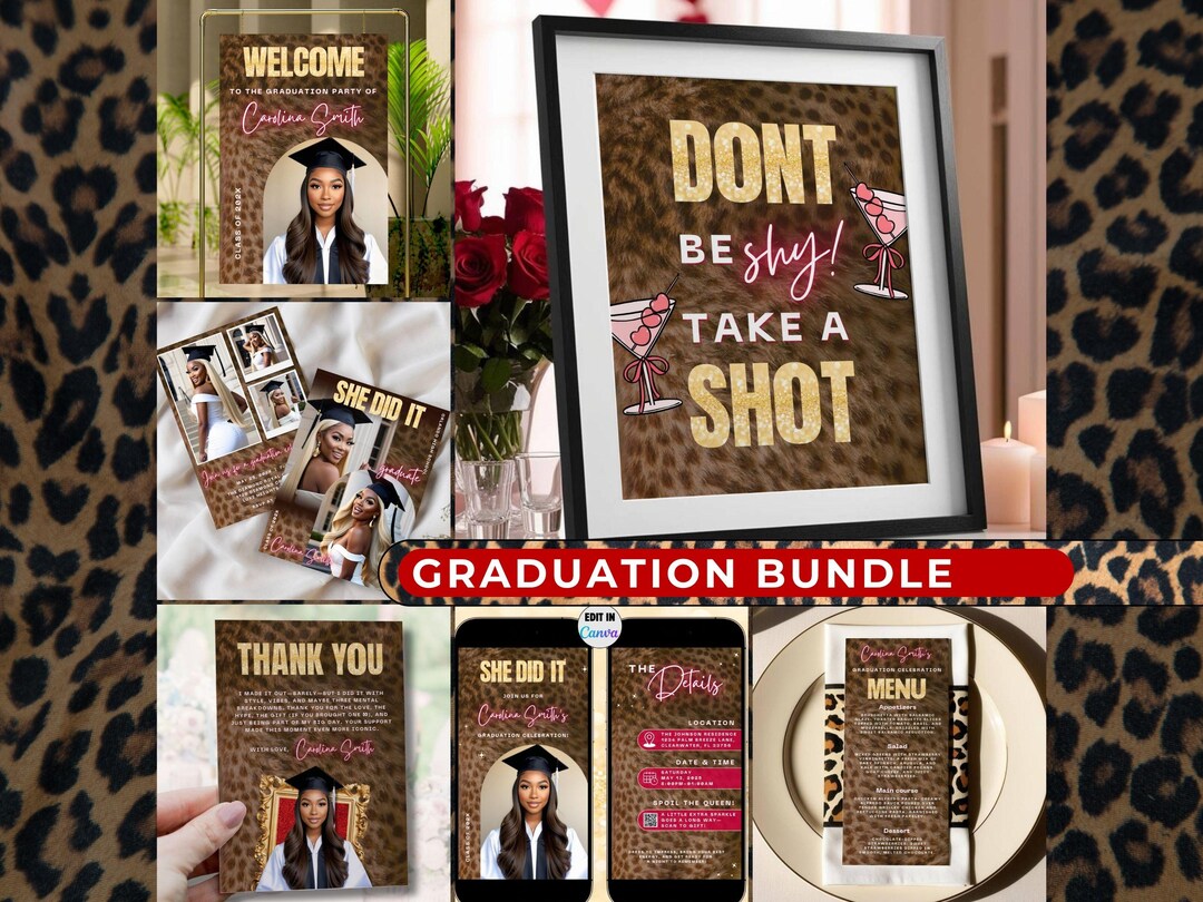 Leopard Graduation Invitations Cheetah Print Graduation Party Bundle- Editable Leopard Welcome Poster ...