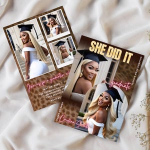 May include: Graduation announcement with a leopard print background. The announcement features a photo of a graduate in a cap and gown, and the text "She Did It Graduate".