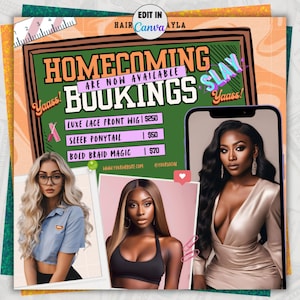 Homecoming Booking Flyer Canva Template- DIY Special Book Now Flyer for Hair Braids Lash Nails, Editable Wig Install Flyer, Digital Download