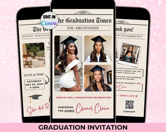 Digital Newspaper Graduation Invitation with Photo- Editable Grad Party Invite, 2026 Senior Graduation Announcement Flyer Canva Template