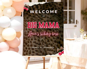 Big Mama Cheetah Print Birthday Welcome Sign- Editable Leopard Red Cherry Board, Girls Night Party Decor, Printable Poster Canva Template
