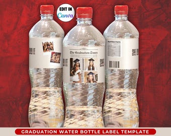 Newspaper Graduation Water Bottle Label Sticker- Editable Prom Send Off Party Decor, Senior Graduate Party Favors Printable Canva Template