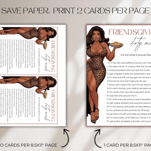 K&ouml;nnte beinhalten: Druckbare Friendsgiving-Spielkarten mit dem Text "dirty minds" und einer Pin-up-Illustration. Die Karten sind f&uuml;r den Druck auf 8,5x11 Zoll Papier vorgesehen, mit zwei Karten pro Seite oder einer Karte pro Seite.
