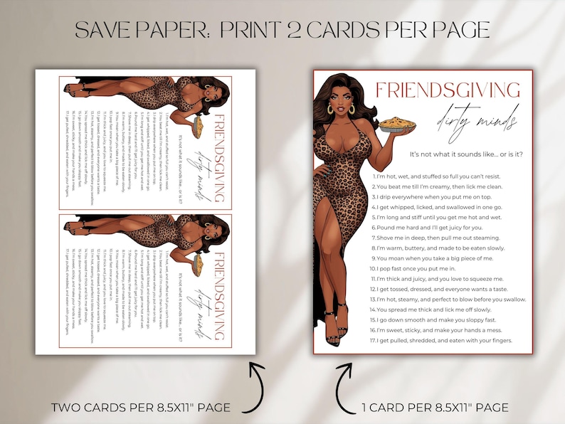 K&ouml;nnte beinhalten: Druckbare Friendsgiving-Spielkarten mit dem Text "dirty minds" und einer Pin-up-Illustration. Die Karten sind f&uuml;r den Druck auf 8,5x11 Zoll Papier vorgesehen, mit zwei Karten pro Seite oder einer Karte pro Seite.