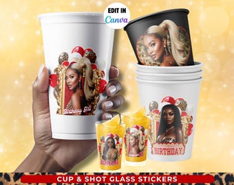 Adesivos para copos e copos de shot com estampa de chita Big Mama - Decoração de aniversário com leopardo vermelho editável, lembrancinhas para despedida de solteira para imprimir no Canva