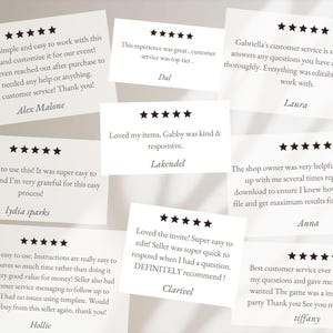 May include: A collection of white cards with black star ratings and customer reviews. The cards feature text praising the product's ease of use, customer service, and value. Names like Alex Malone, Lydia Sparks, and Laura are visible.