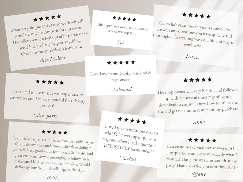 May include: A collection of white cards with black star ratings and customer reviews. The cards feature text praising the product's ease of use, customer service, and value. Names like Alex Malone, Lydia Sparks, and Laura are visible.