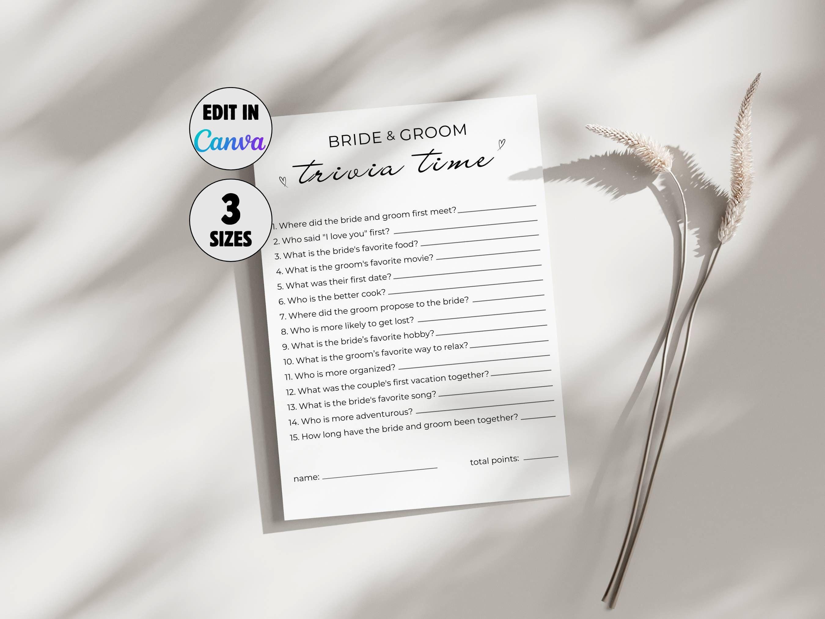 Trivia Game For Bride And Groom- Editable Bridal Shower Question Game, Printable Minimalist Wedding Reception Activity Quiz, Canva Template