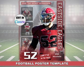 Könnte beinhalten: Fußball-Poster-Vorlage mit einem rot-schwarzen Trikot mit der Nummer 52, dem Text "Eastside Eagles", "Wide Receiver" und "Leave it all on the field!" Das Poster zeigt auch ein Foto eines Footballspielers, der das Trikot trägt.