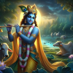 God Krishna with White Cow – for Printable Artwork – Spiritual Hindu Art for Instant Download