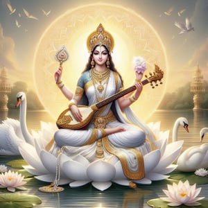 Goddess Saraswati – Radiance of Wisdom, Grace of Learning, and Guardian of Spiritual Energies – for Printable Artwork – Digital Download