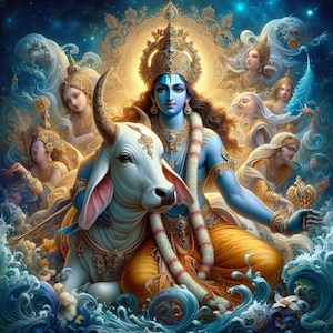 God Krishna with White Cow – for Printable Artwork – Spiritual Hindu Art for Instant Download