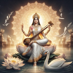 Goddess Saraswati – Radiance of Wisdom, Grace of Learning, and Guardian of Spiritual Energies – for Printable Artwork – Digital Download