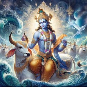 God Krishna with White Cow – for Printable Artwork – Spiritual Hindu Art for Instant Download