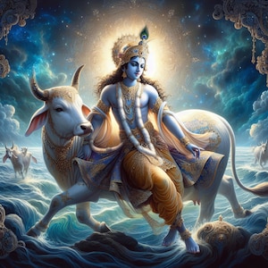 God Krishna with White Cow – for Printable Artwork – Spiritual Hindu Art for Instant Download