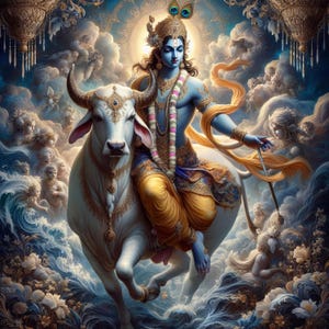 God Krishna with White Cow – for Printable Artwork – Spiritual Hindu Art for Instant Download