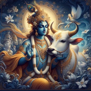 God Krishna with White Cow – for Printable Artwork – Spiritual Hindu Art for Instant Download