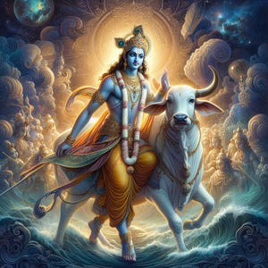 God Krishna with White Cow – for Printable Artwork – Spiritual Hindu Art for Instant Download