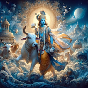 God Krishna with White Cow – for Printable Artwork – Spiritual Hindu Art for Instant Download